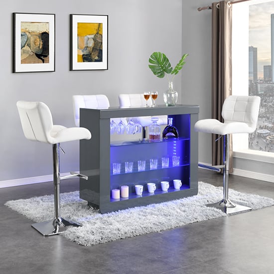 Fernier Grey High Gloss Bar Table With 4 Canyon White Stools