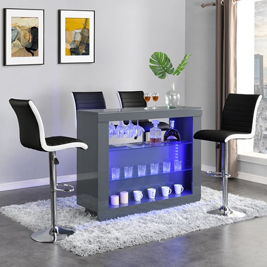 Fernier Grey High Gloss Bar Table With 4 Riga Black White Stools