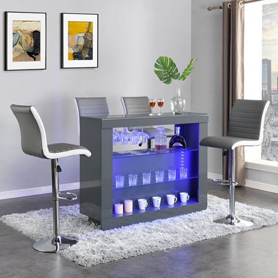 Fernier Grey High Gloss Bar Table With 4 Riga Grey White Stools