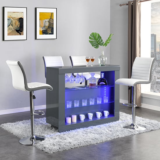 Fernier Grey High Gloss Bar Table With 4 Riga White Grey Stools