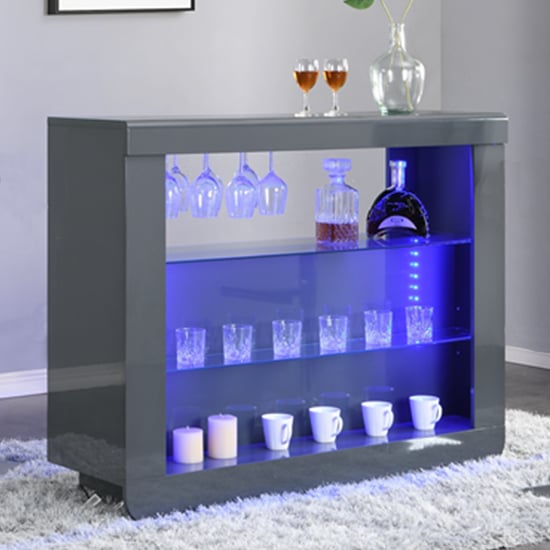 Fernier High Gloss Bar Table Unit In Grey With LED Lighting