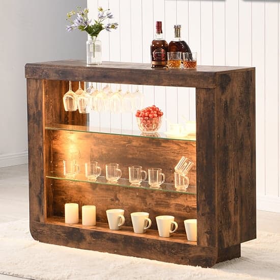 Fernier Rustic Oak Bar Table Unit With 2 Canyon Black Stools