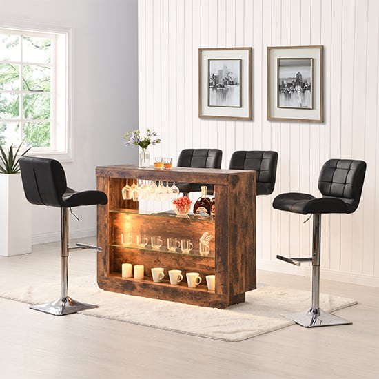 Fernier Rustic Oak Bar Table Unit With 4 Canyon Black Stools