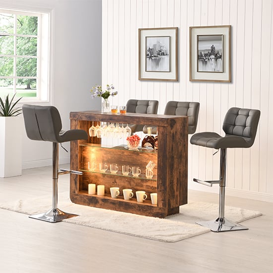 Fernier Rustic Oak Bar Table Unit With 4 Canyon Grey Stools
