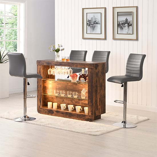 Fernier Rustic Oak Bar Table Unit With 4 Rifle Grey Stools
