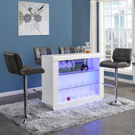 Fernier White High Gloss Bar Table With 4 Canyon Grey Stools