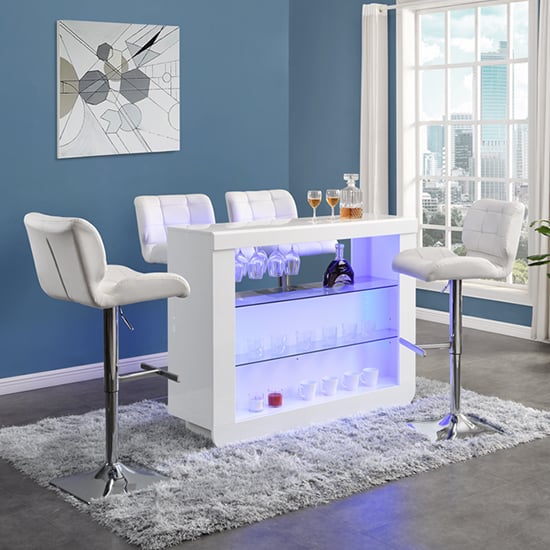 Fernier White High Gloss Bar Table With 4 Canyon White Stools