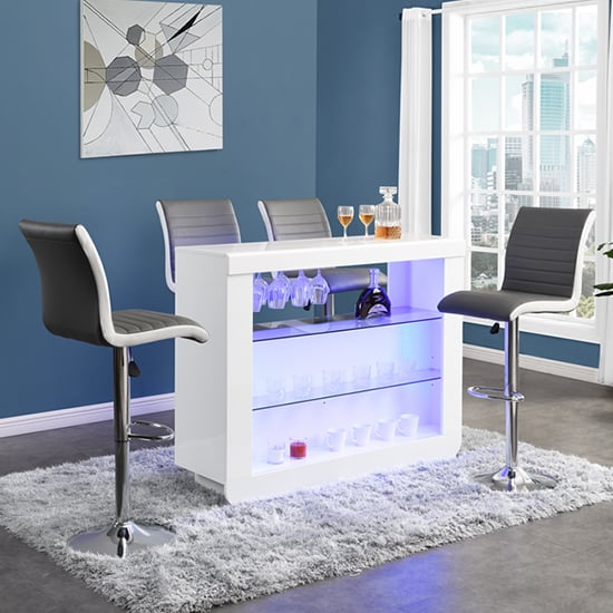 Fernier White High Gloss Bar Table With 4 Riga White Grey Stools