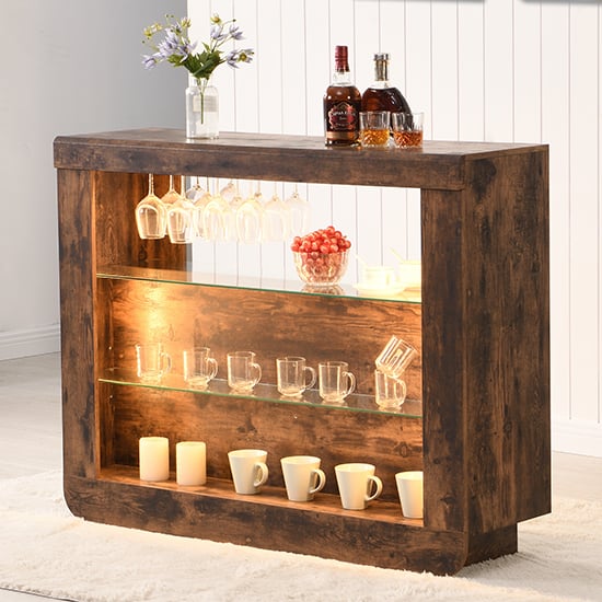 Fernier Wooden Bar Table Unit In Rustic Oak With LED Lights