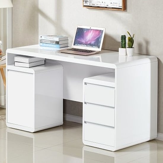 Florence Gloss Computer Desk With 1 Door 3 Drawers In White