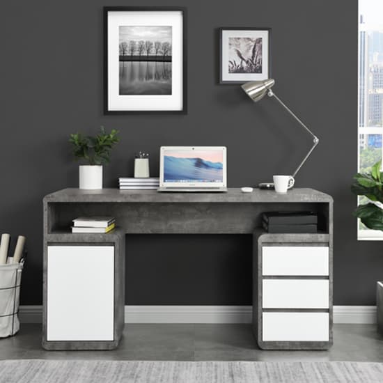 Florence Gloss Computer Desk In White And Concrete Effect