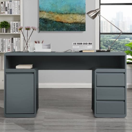 Florence Gloss Computer Desk With 1 Door 3 Drawers In Grey