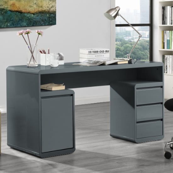 Florence Gloss Computer Desk With 1 Door 3 Drawers In Grey