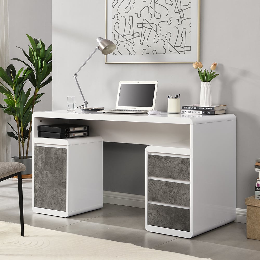 Florence High Gloss Computer Desk In White And Concrete Effect