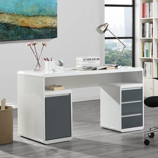 Florence High Gloss Computer Desk In White And Grey