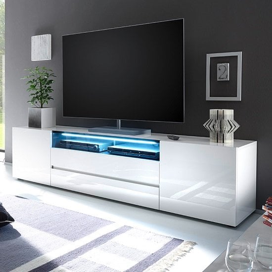 Gilberton Wide High Gloss TV Stand In White With LED Lighting