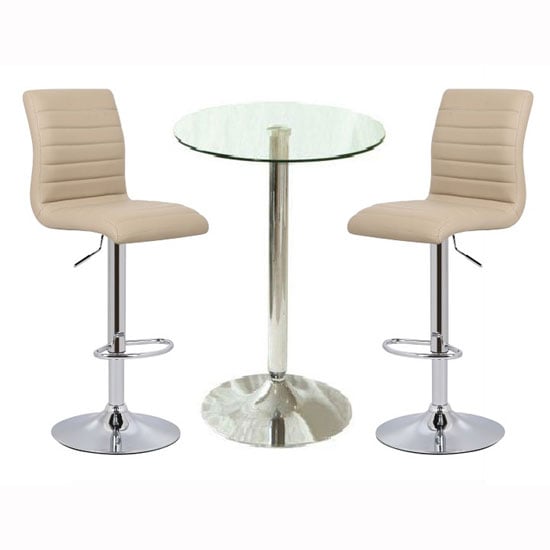 Gilford Clear Glass Bar Table With 2 Rifle Stone Stools