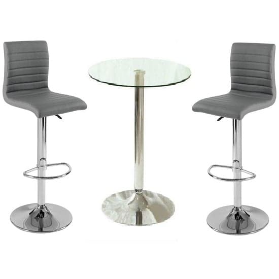 Gilford Clear Glass Bar Table With 2 Rifle Grey Stools