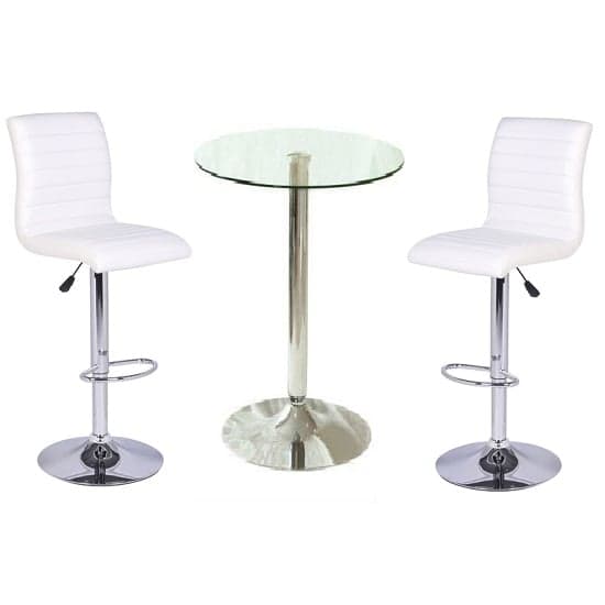 Gilford Clear Glass Bar Table With 2 Rifle White Stools