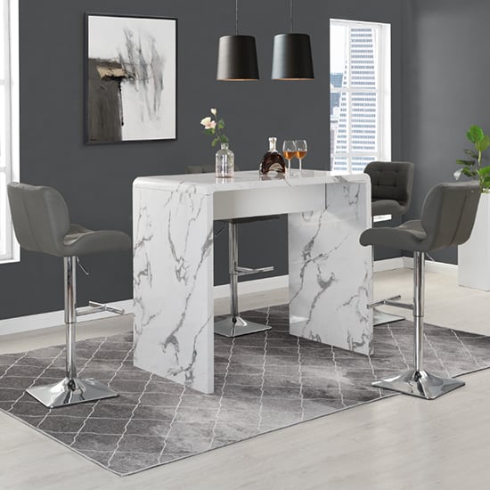 Glassboro Diva Marble Effect Gloss Bar Table 4 Canyon Grey Stools