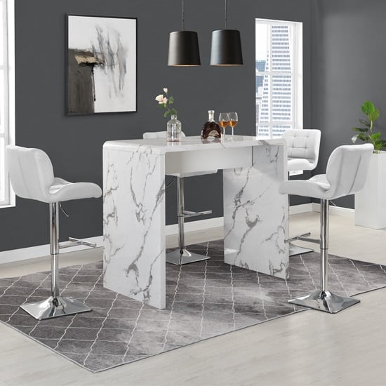 Glassboro Diva Marble Effect Gloss Bar Table 4 Canyon White Stool