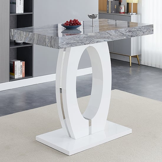 Halifax High Gloss Bar Table In White And Melange Marble Effect