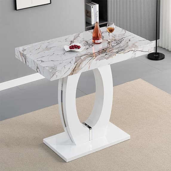 Halifax High Gloss Bar Table In White And Milo Marble Effect