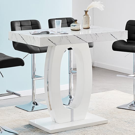 Halifax High Gloss Bar Table In White And Vida Marble Effect