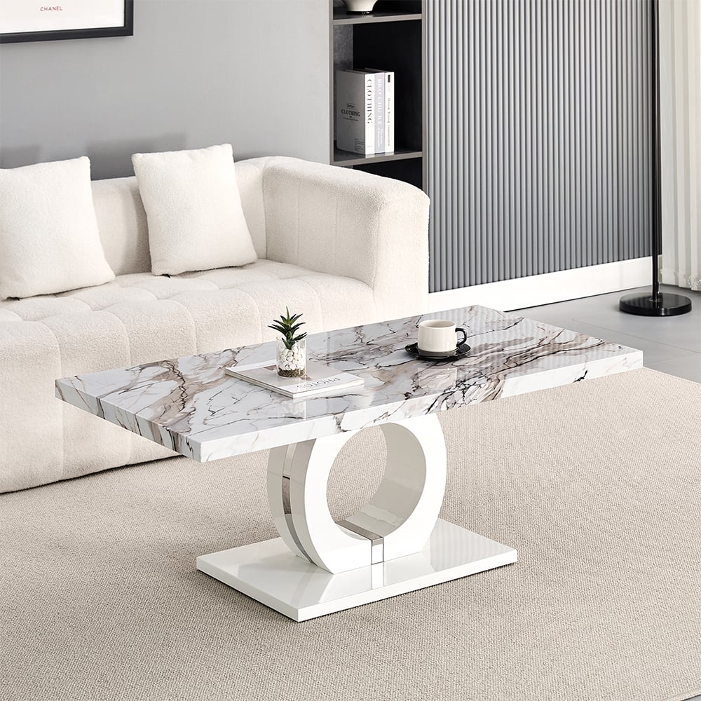 Halifax High Gloss Coffee Table In White And Milo Marble Effect