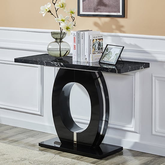 Halifax High Gloss Console Table In Black And Milano Marble Effect