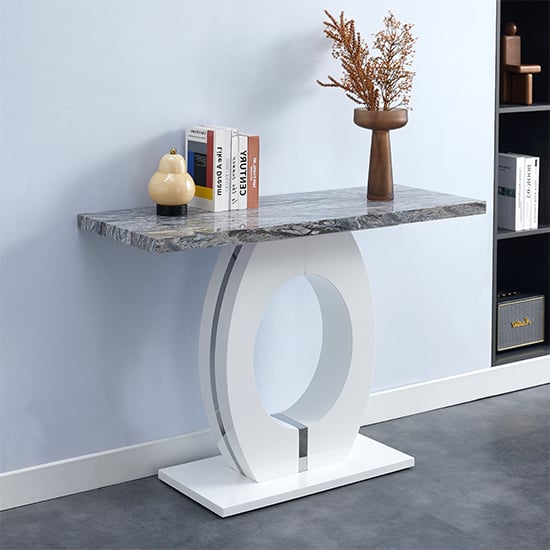 Halifax High Gloss Console Table In White And Melange Marble Effect