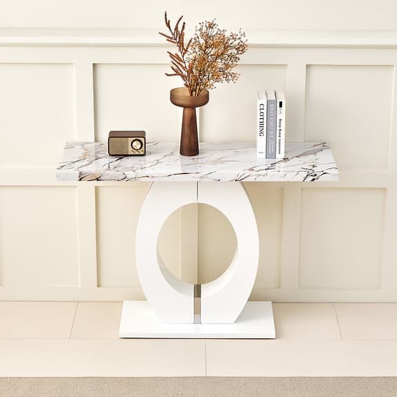 Halifax High Gloss Console Table In White And Milo Marble Effect