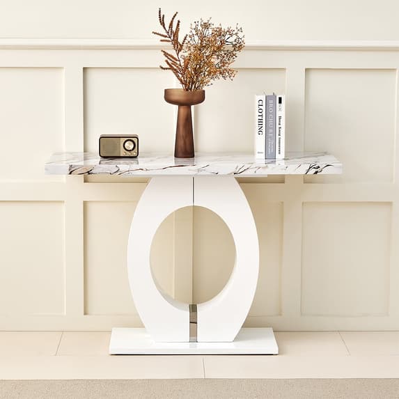 Halifax High Gloss Console Table In White And Milo Marble Effect