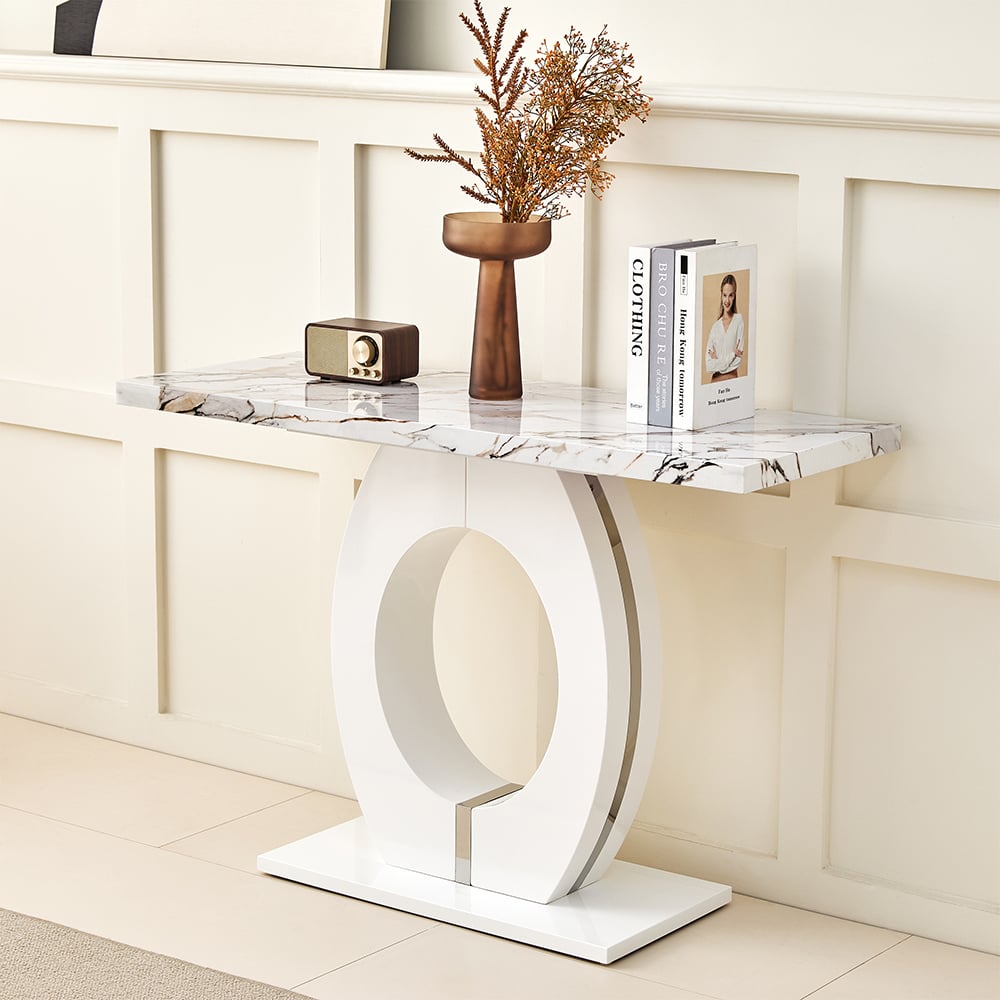 Halifax High Gloss Console Table In White And Milo Marble Effect