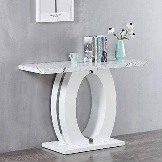 Halifax High Gloss Console Table In White And Vida Marble Effect