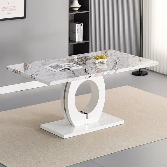 Halifax High Gloss Dining Table In White And Milo Marble Effect