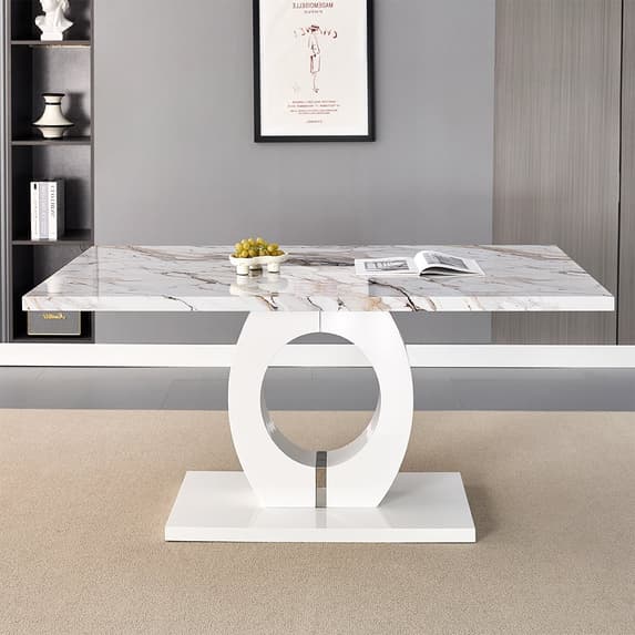 Halifax High Gloss Dining Table In White And Milo Marble Effect