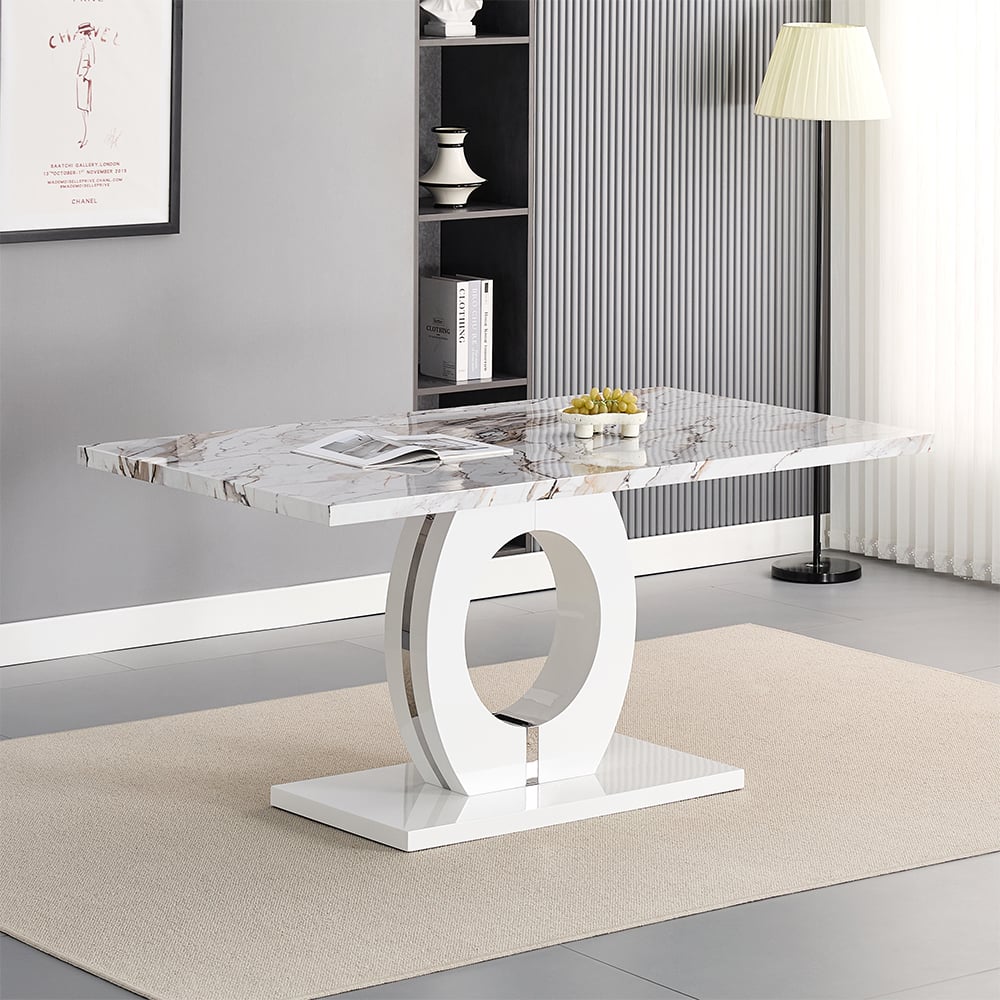 Halifax High Gloss Dining Table In White And Milo Marble Effect