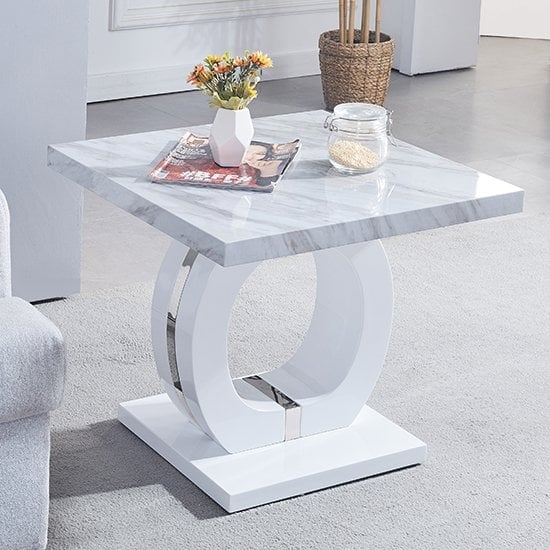 Halifax High Gloss Lamp Table In Magnesia Marble Effect