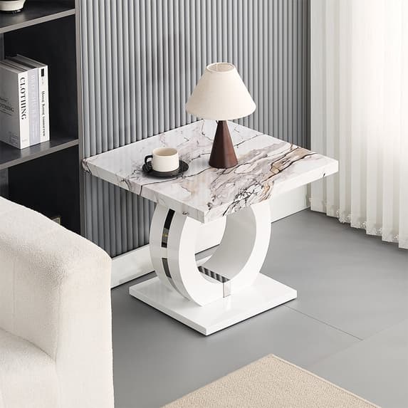 Halifax High Gloss Lamp Table In White And Milo Marble Effect