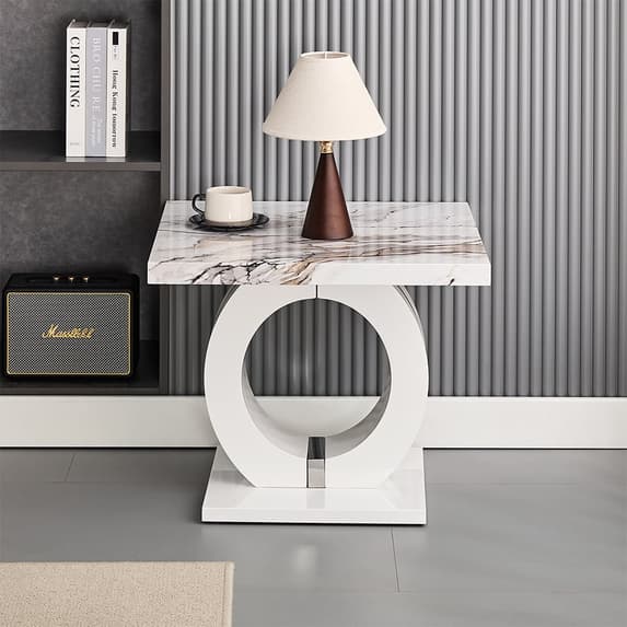 Halifax High Gloss Lamp Table In White And Milo Marble Effect