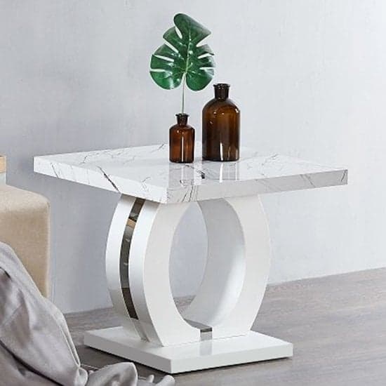 Halifax High Gloss Lamp Table In White And Vida Marble Effect