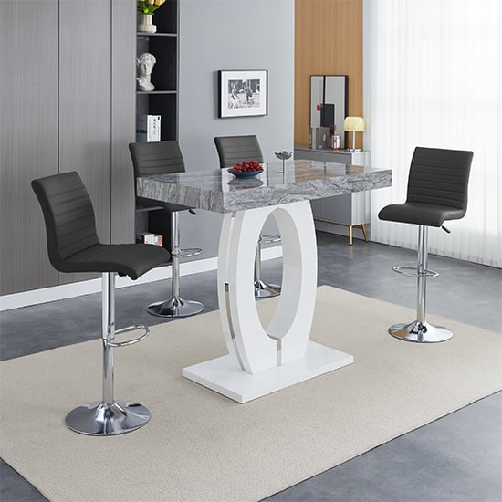 Halifax Melange High Gloss Bar Table With 4 Rifle Black Stools