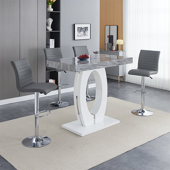Halifax Melange High Gloss Bar Table With 4 Rifle Grey Stools