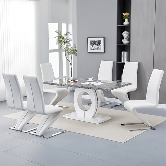 Halifax Melange Marble Effect Dining Table 6 Destin Z White Chairs