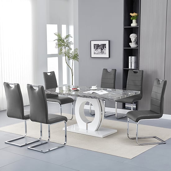 Halifax Melange Marble Effect Dining Table 6 Petersburg Grey Chairs