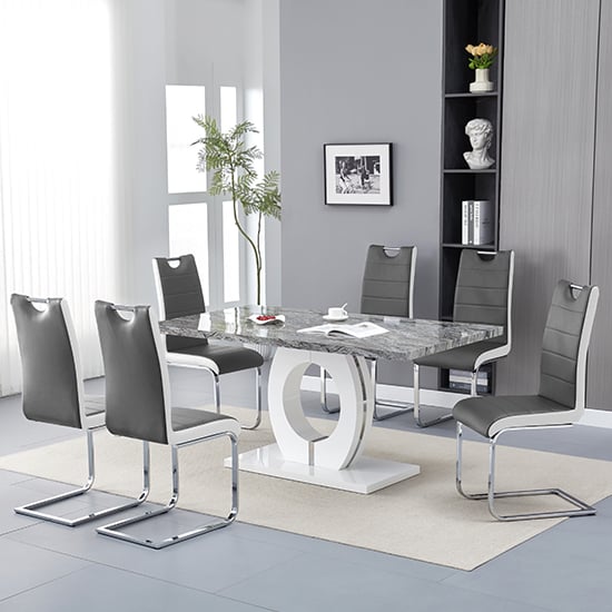 Halifax Melange Marble Effect Dining Table 6 Petersburg Grey White Chairs