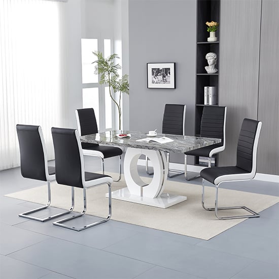 Halifax Melange Marble Effect Dining Table 6 Sylvania Black Chairs