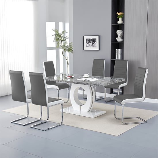 Halifax Melange Marble Effect Dining Table 6 Sylvania Grey Chairs