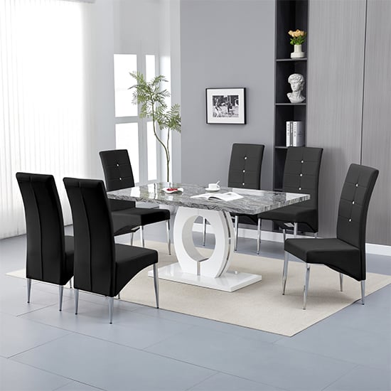 Halifax Melange Marble Effect Dining Table 6 Versilia Black Chairs